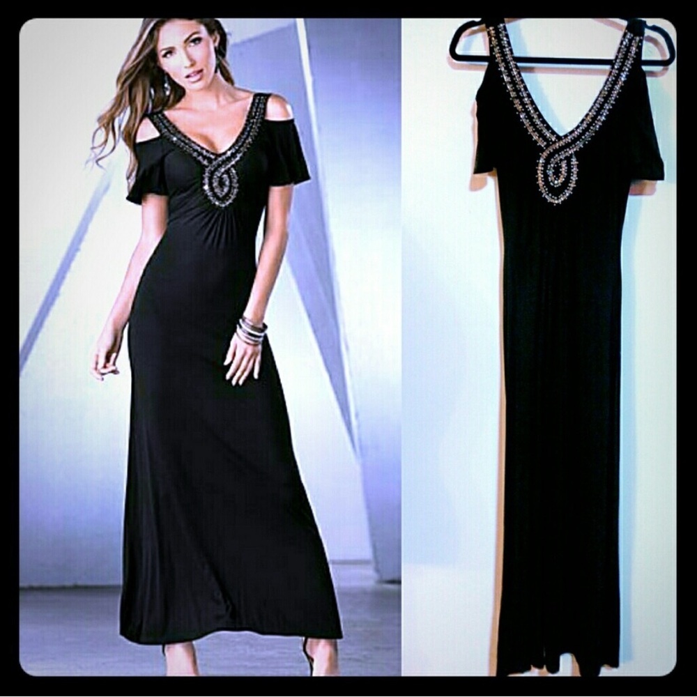VENUS Black Maxi Dress M with Silver and Gold Accents